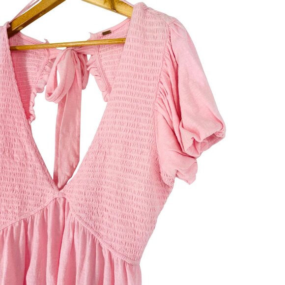Free People Womens Pink Open Back Smocked Puff Sleeve Peplum Tie Blouse Top L/XL - Picture 5 of 9